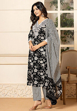 Printed Pure Cotton Pakistani Suit in Black