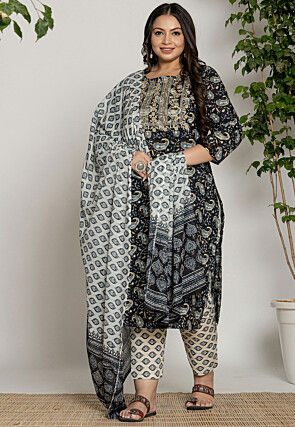 Printed Pure Cotton Pakistani Suit in Black
