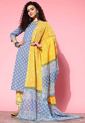 Printed Pure Cotton Pakistani Suit in Blue