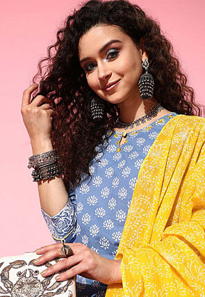 Printed Pure Cotton Pakistani Suit in Blue