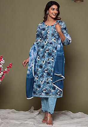 Printed Pure Cotton Pakistani Suit in Blue