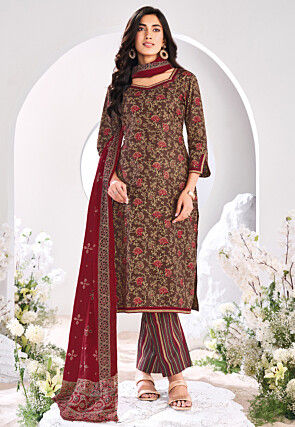 Printed Pure Cotton Pakistani Suit in Brown