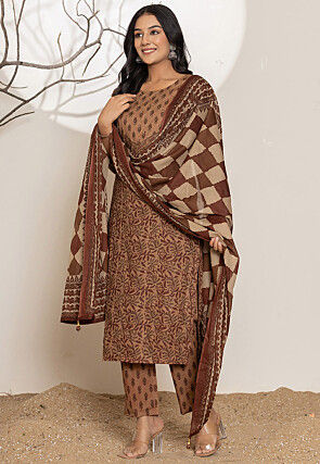Printed Pure Cotton Pakistani Suit in Brown
