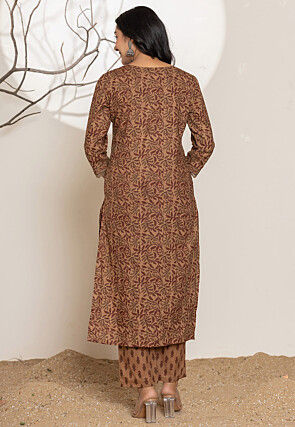 Printed Pure Cotton Pakistani Suit in Brown