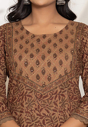 Printed Pure Cotton Pakistani Suit in Brown
