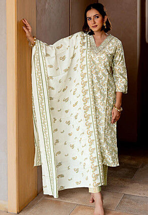 Printed Pure Cotton Pakistani Suit in Cream