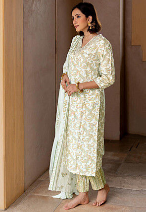 Printed Pure Cotton Pakistani Suit in Cream