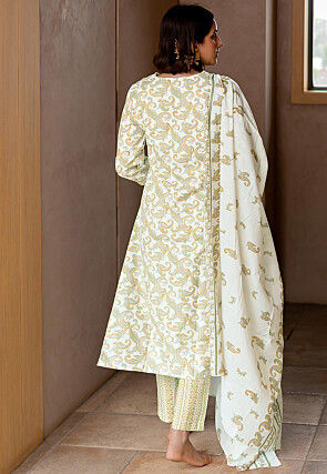Printed Pure Cotton Pakistani Suit in Cream