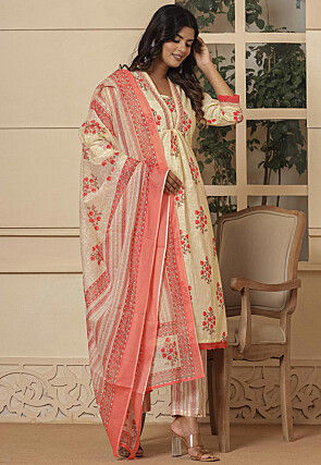 Printed Pure Cotton Pakistani Suit in Cream