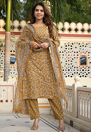Printed Pure Cotton Pakistani Suit in Dark Beige