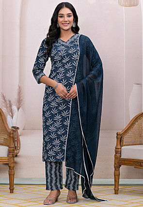 Printed Pure Cotton Pakistani Suit in Dark Blue