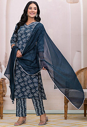 Printed Pure Cotton Pakistani Suit in Dark Blue