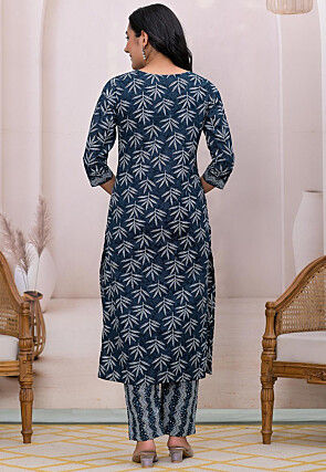 Printed Pure Cotton Pakistani Suit in Dark Blue