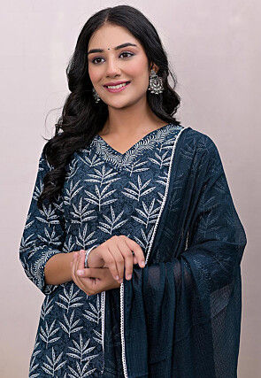 Printed Pure Cotton Pakistani Suit in Dark Blue