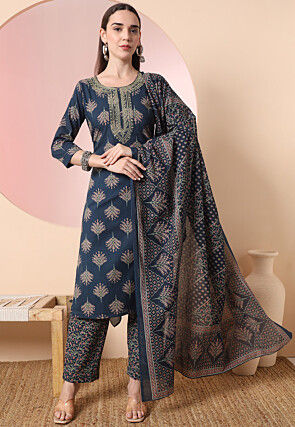 Printed Pure Cotton Pakistani Suit in Dark Blue