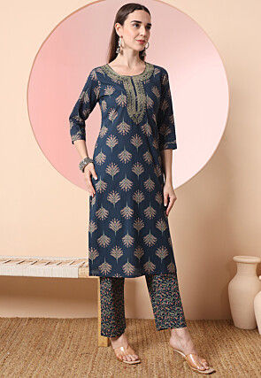Printed Pure Cotton Pakistani Suit in Dark Blue