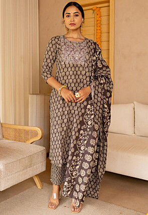Printed Pure Cotton Pakistani Suit in Dark Brown