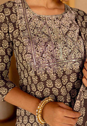 Printed Pure Cotton Pakistani Suit in Dark Brown