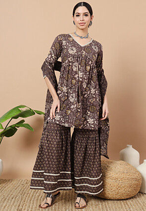 Buy Brown Printed Pure Cotton Kurti With Pant Set Online – Fabric