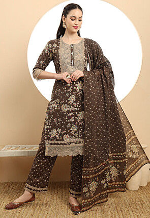 Printed Pure Cotton Pakistani Suit in Dark Brown