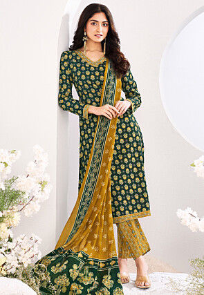 Printed Pure Cotton Pakistani Suit in Dark Green