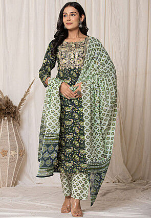 Printed Pure Cotton Pakistani Suit in Dark Green