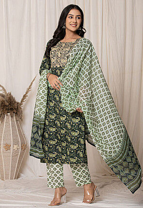 Printed Pure Cotton Pakistani Suit in Dark Green