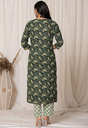 Printed Pure Cotton Pakistani Suit in Dark Green