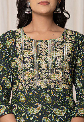 Printed Pure Cotton Pakistani Suit in Dark Green