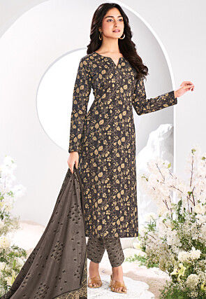 Printed Pure Cotton Pakistani Suit in Dark Grey