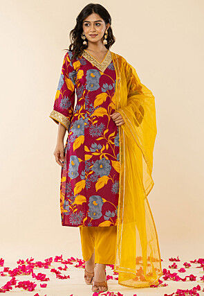 Printed Pure Cotton Pakistani Suit in Dark Magenta
