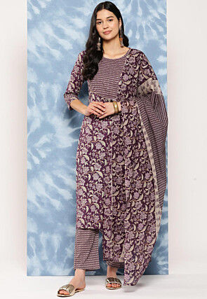 Printed Pure Cotton Pakistani Suit in Dark Purple