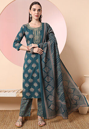 Printed Pure Cotton Pakistani Suit in Dark Teal Blue