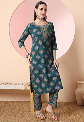 Printed Pure Cotton Pakistani Suit in Dark Teal Blue