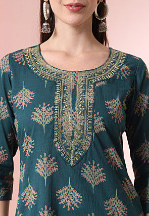 Printed Pure Cotton Pakistani Suit in Dark Teal Blue