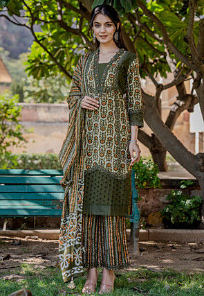 Printed Pure Cotton Pakistani Suit in Dusty Green