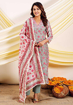 Printed Pure Cotton Pakistani Suit in Dusty Green