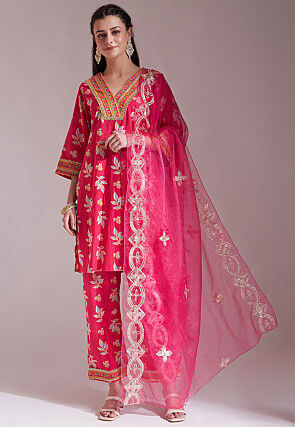 Printed Pure Cotton Pakistani Suit in Fuchsia