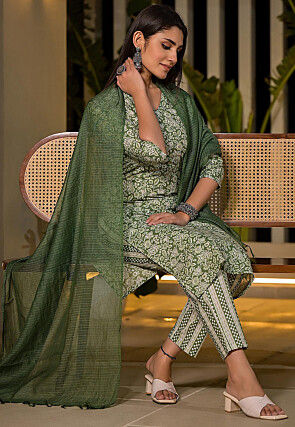 Printed Pure Cotton Pakistani Suit in Green