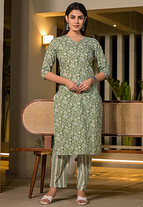 Printed Pure Cotton Pakistani Suit in Green