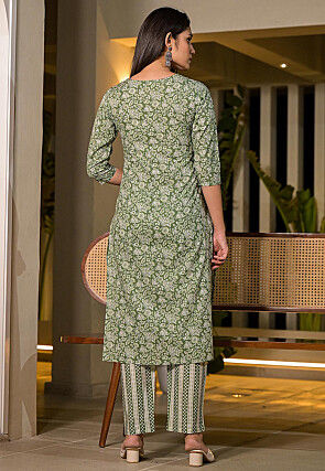 Printed Pure Cotton Pakistani Suit in Green