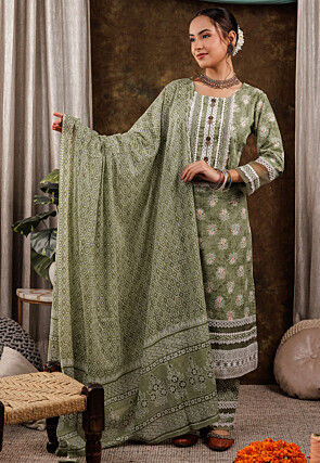 Printed Pure Cotton Pakistani Suit in Green