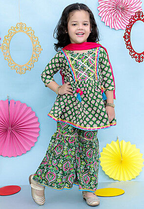 Printed Pure Cotton Pakistani Suit in Green