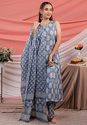 Printed Pure Cotton Pakistani Suit in Grey