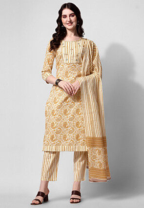 Printed Pure Cotton Pakistani Suit in Light Beige