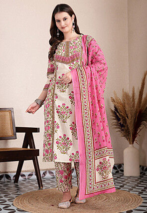 Printed Pure Cotton Pakistani Suit in Light Beige