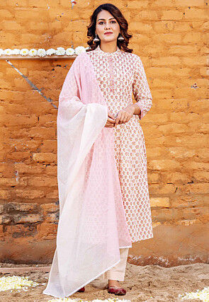 Printed Pure Cotton Pakistani Suit in Light Beige