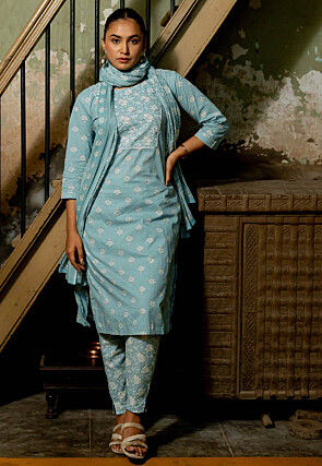 Printed Pure Cotton Pakistani Suit in Light Blue