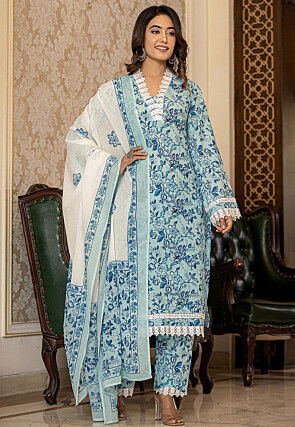 Printed Pure Cotton Pakistani Suit in Light Blue