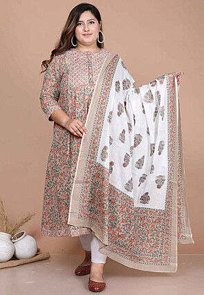 Printed Pure Cotton Pakistani Suit in Fawn